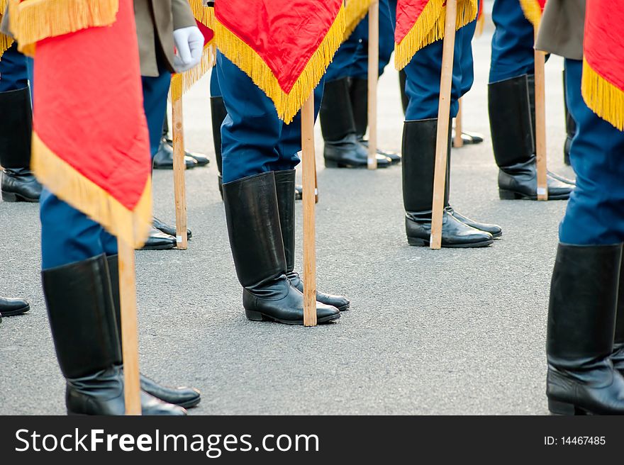 Ukrainian uniform soldiers marching. arms