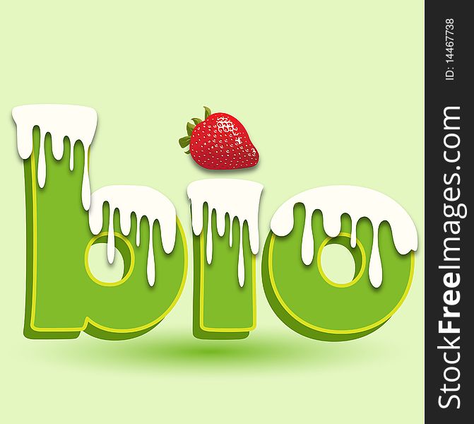 Illustration, green inscription bio with red strawberry