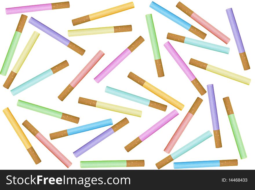 Multi-coloured cigarettes on a white background