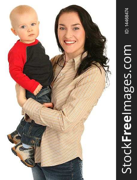 Happy mother with little son on white background