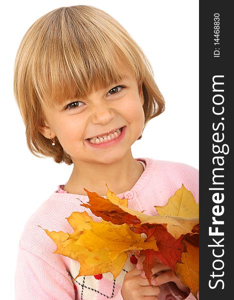 Little  girl with maple leaves on white background. Little  girl with maple leaves on white background