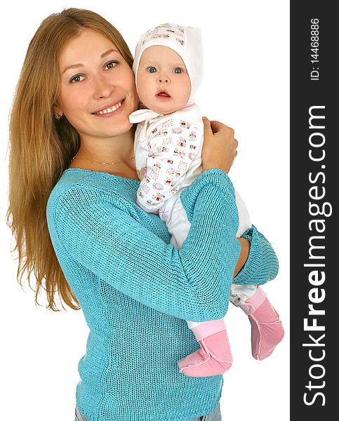 Young  mother with baby girl on white background