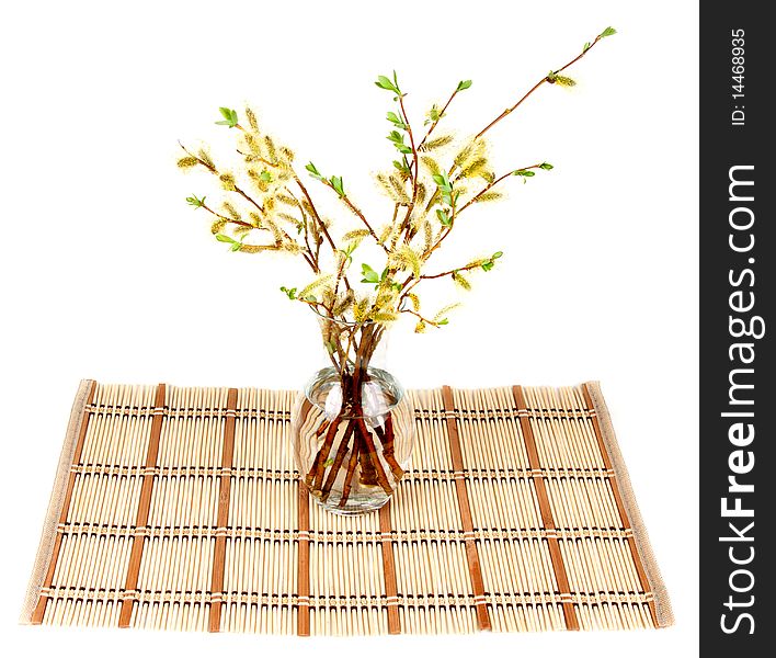 Bamboo striped small rug and glass vase with water and branch of the willow with flowering bud on white background