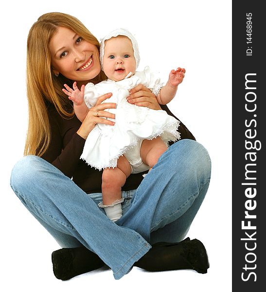 Young mother with baby girl on white background. Young mother with baby girl on white background