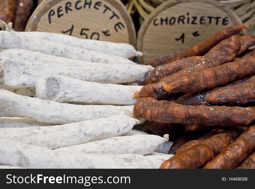 Selection of French Sausages on a market