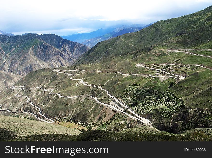 Scenery of zigzag roads in the highands of Tibet. Scenery of zigzag roads in the highands of Tibet