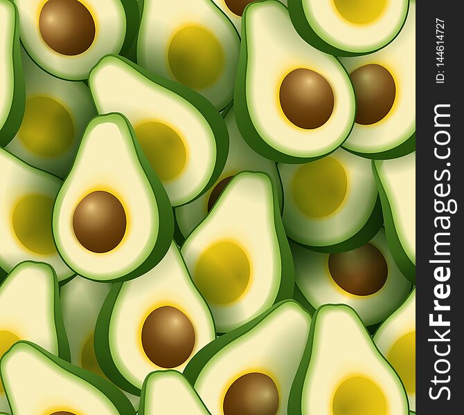 Seamless pattern with realistic avocado with seed and without seed. Seamless pattern with realistic avocado with seed and without seed