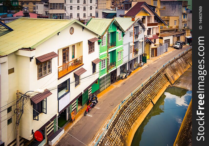 Beautiful street view of Dalat, Vietnam. Panoramic cityscape of Da Lat city, little Paris of Vietnam