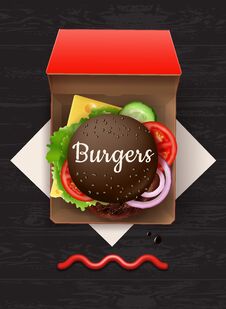 Vector Illustration Of Big Cheeseburger With Black Bun And Sesame In Red Cardboard Box, Top View Stock Image