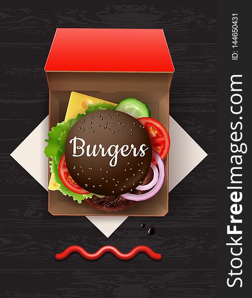 Vector illustration of big cheeseburger with black bun and sesame in red cardboard box, top view on wooden table with ketchup and napkin. Burger packaging mockup with text