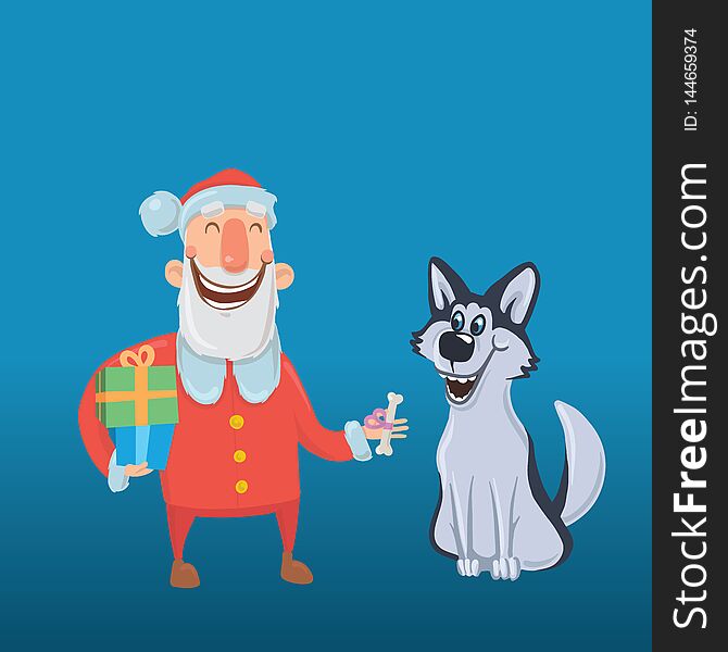 Happy laughing Santa Claus with dog. New year and Christmas cards for year of the dog according to the Eastern calendar