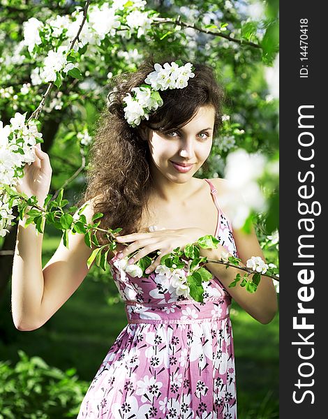 The image of a beautiful girl was blossoming apple orchard. The image of a beautiful girl was blossoming apple orchard