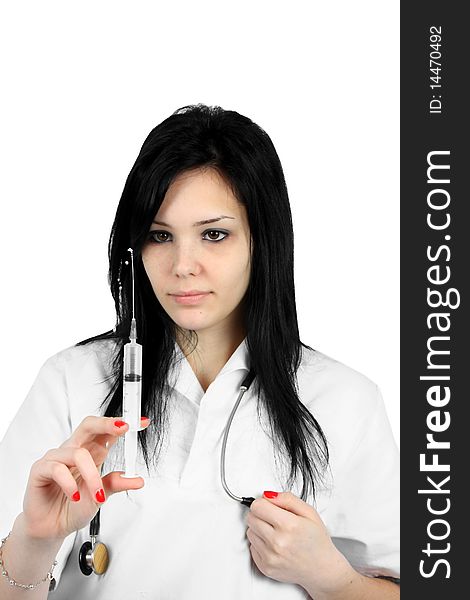 Young smiling female doctor with stethoscope and syringe