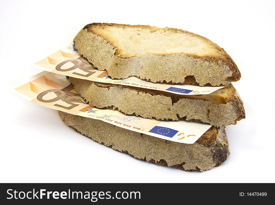 Slices of bread with the money. Slices of bread with the money