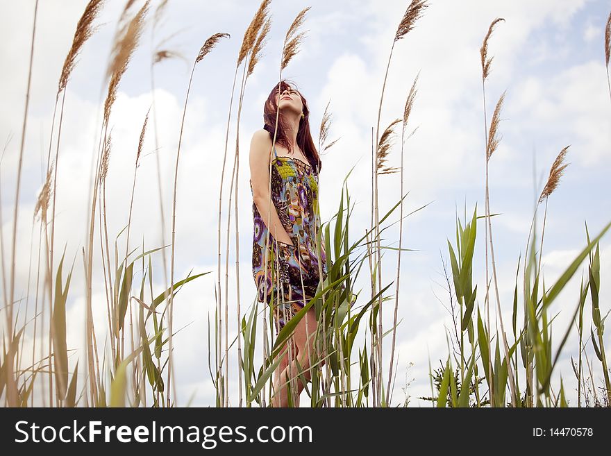 Beautiful young model walking through the reed in summer. Beautiful young model walking through the reed in summer