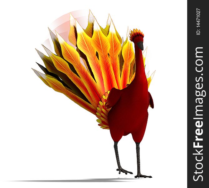 Red fantasy bird with beautiful feathers. 3D rendering with clipping path and shadow over white