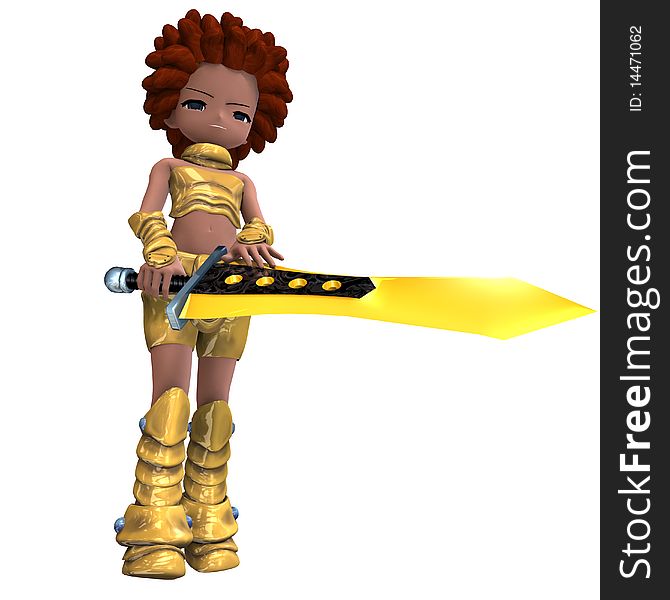 Female fantasy manga knight as a cartoon guard. 3D rendering with clipping path and shadow over white