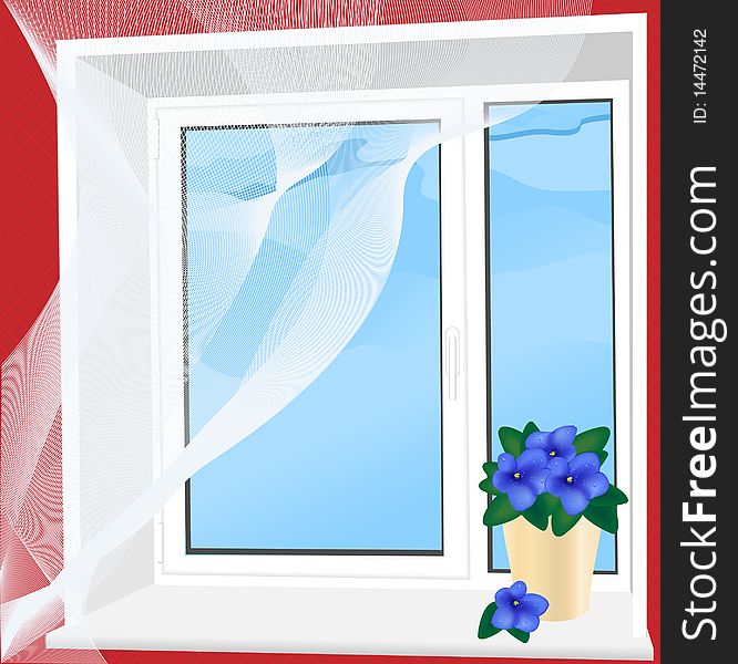 Plastic window with a flower on the windowsill. Vector