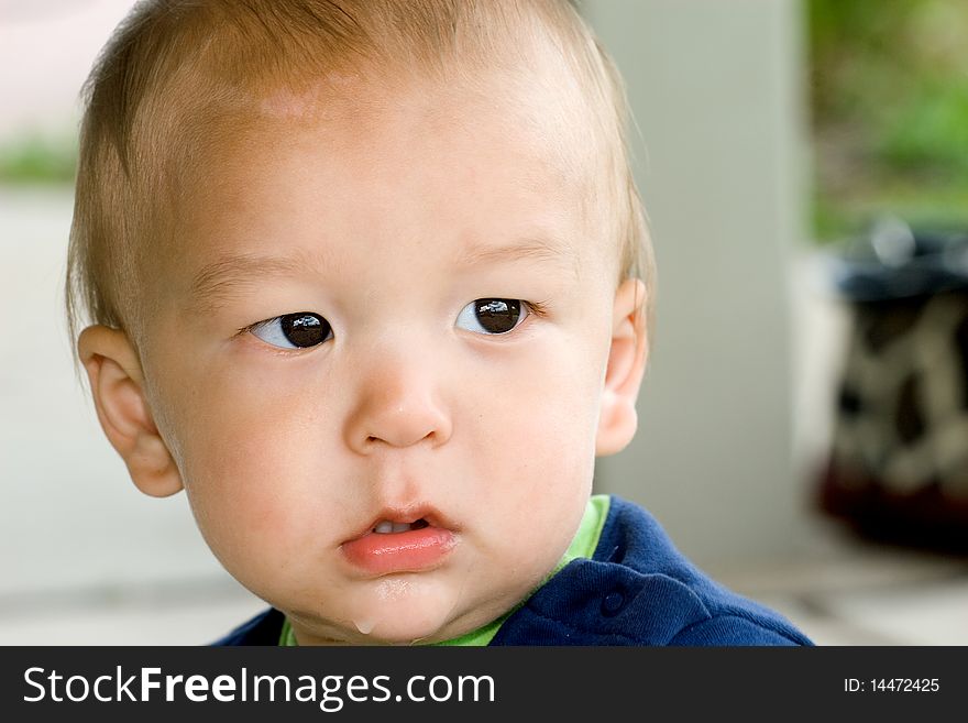 Closeup portrait of a 1 year old multiethnic Korean American boy outdoors. Closeup portrait of a 1 year old multiethnic Korean American boy outdoors.