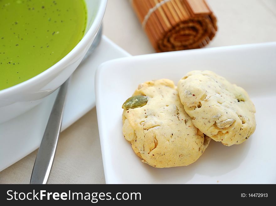 Cookies with healthy green tea. For food and beverage, diet and nutrition, and health concepts.