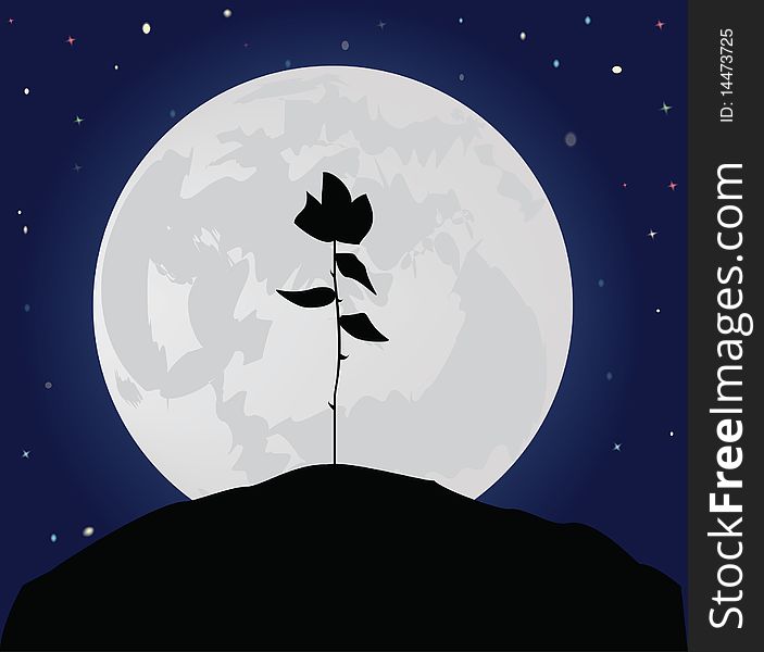 Illustration of the lonely rose growing on a hill, against the full moon