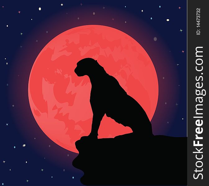 Illustration of the lonely leopard sitting on the brink of a rock, against the full moon