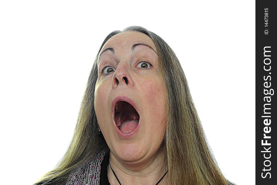 Woman screaming isolated over a white background.