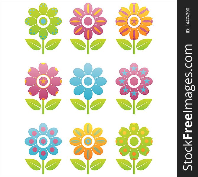 Set of 9 colorful flowers icons. Set of 9 colorful flowers icons