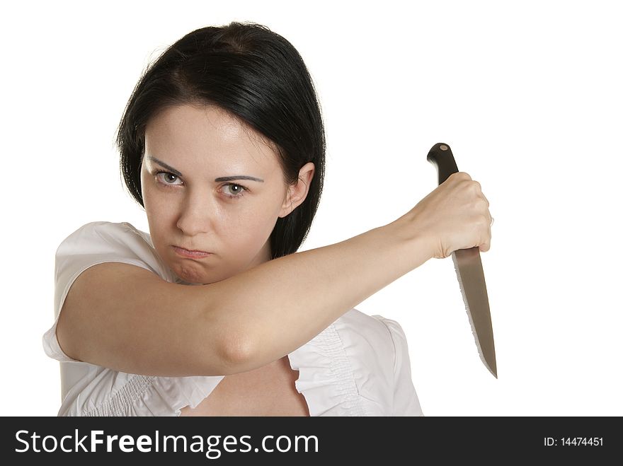 Aggressive woman with knife isolated in white