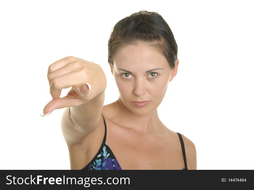 Woman points finger isolated in white