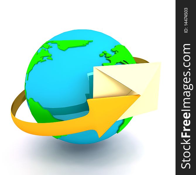 Envelope with globe over white. 3d render. Envelope with globe over white. 3d render