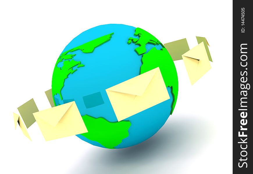 Envelope with globe sign over white