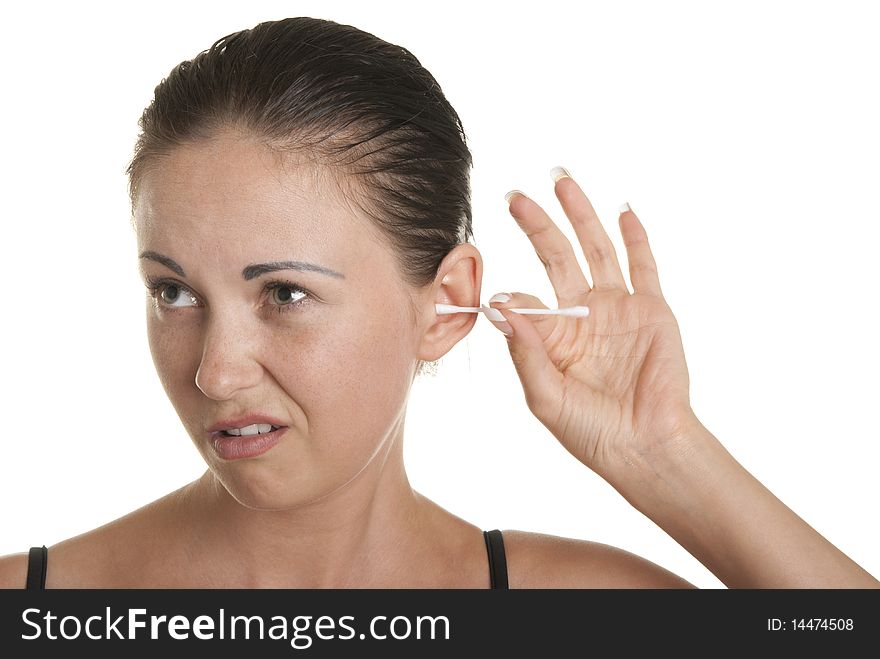 Woman cleans ears cotton buds isolated in white