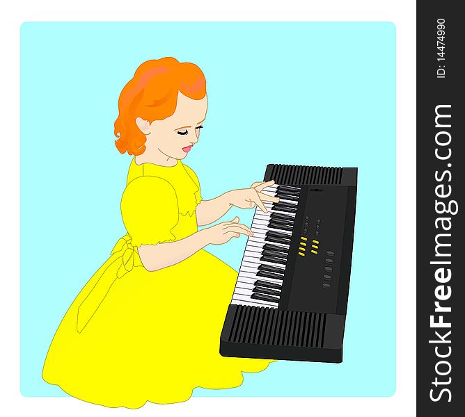 Red little girl play on electronic keyboard,  illustration. Red little girl play on electronic keyboard,  illustration