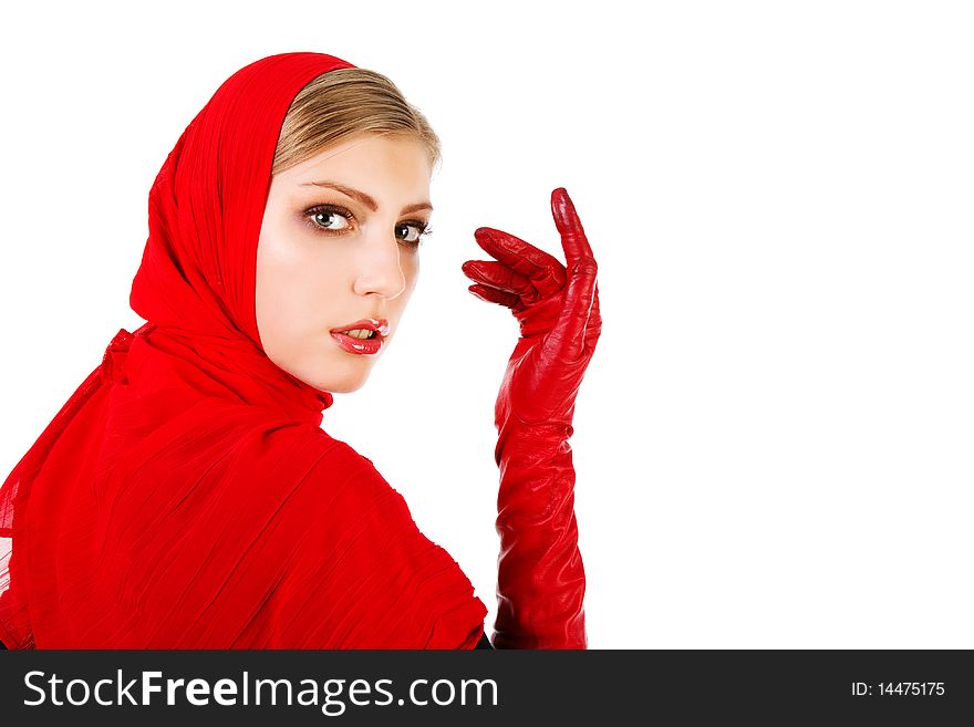 Portrait of a beautiful cute young gir in red scarf and gloves on white background. Portrait of a beautiful cute young gir in red scarf and gloves on white background