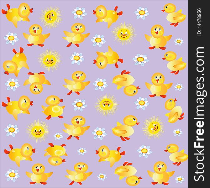 Lilac background with ducklings ,suns and chamomiles.