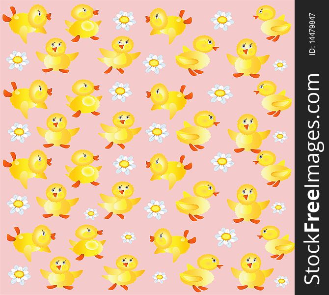 Pink background with ducklings and chamomile. Pink background with ducklings and chamomile