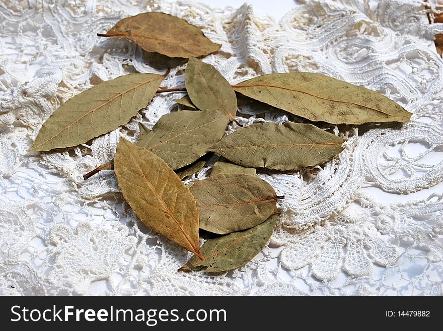Dry bay leaf on handmade lace background