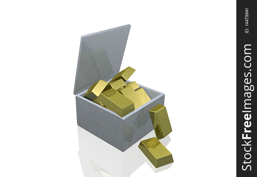 A silver box filled with bars of gold. A silver box filled with bars of gold.