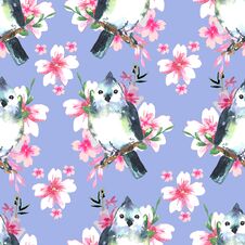Beautiful Hand Painted Spring Background With Cute Birds And Pink Sakura Blossom. Watercolor Illustration. Stock Photo