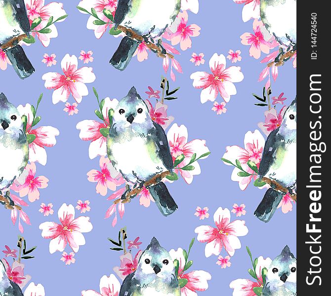 Beautiful hand painted spring background with cute birds and pink sakura blossom. Watercolor illustration. Seamless pattern
