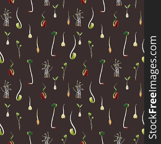 Watercolor beans peas seeds sprouts pattern