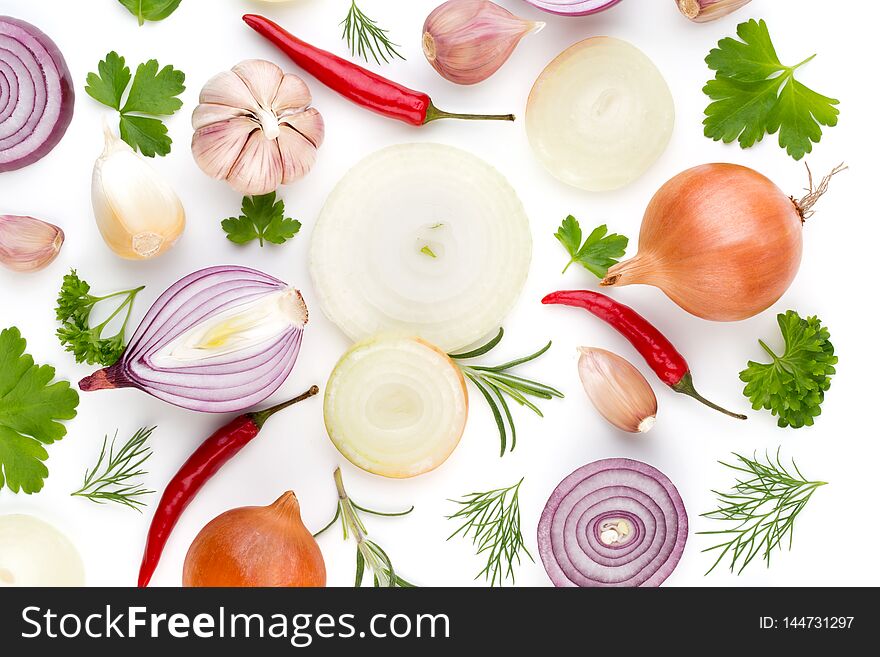 Onion And Spices Isolated On White Background, Top View. Wallpaper Abstract Composition Of Vegetables