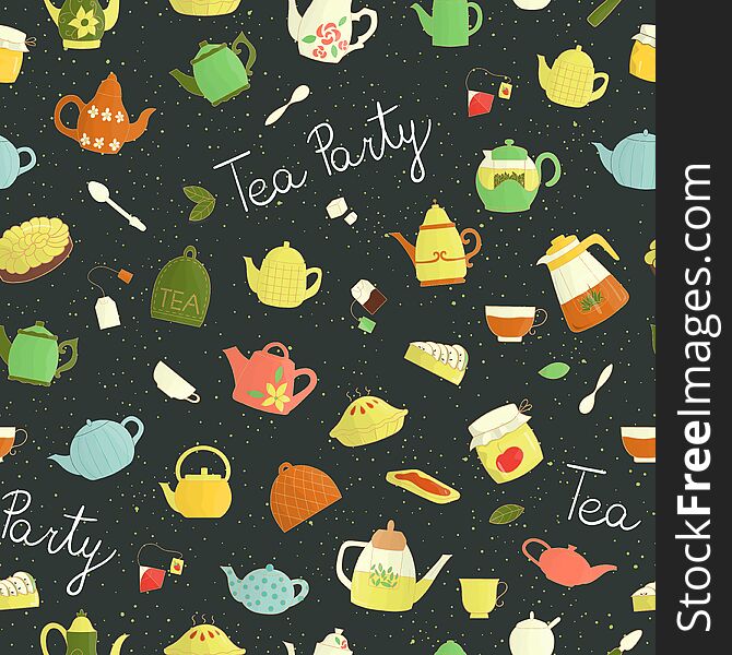 Bright tea repeat background. Colored kettles on dark background. Vintage textured doodle style backdrop. Tea party invitation. Bright tea repeat background. Colored kettles on dark background. Vintage textured doodle style backdrop. Tea party invitation