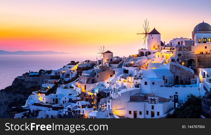 View of Oia the most beautiful village of Santorini Island in Greece. View of Oia the most beautiful village of Santorini Island in Greece.