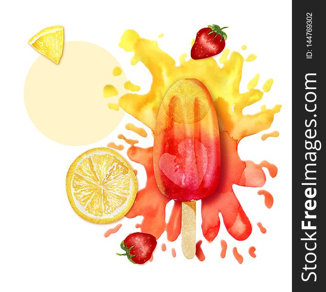Bright poster with mixed red and yellow fruit popsicle