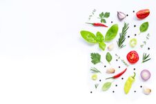 Various Fresh Vegetables And Herbs On White Background. Healthy Eating Concept Stock Photography