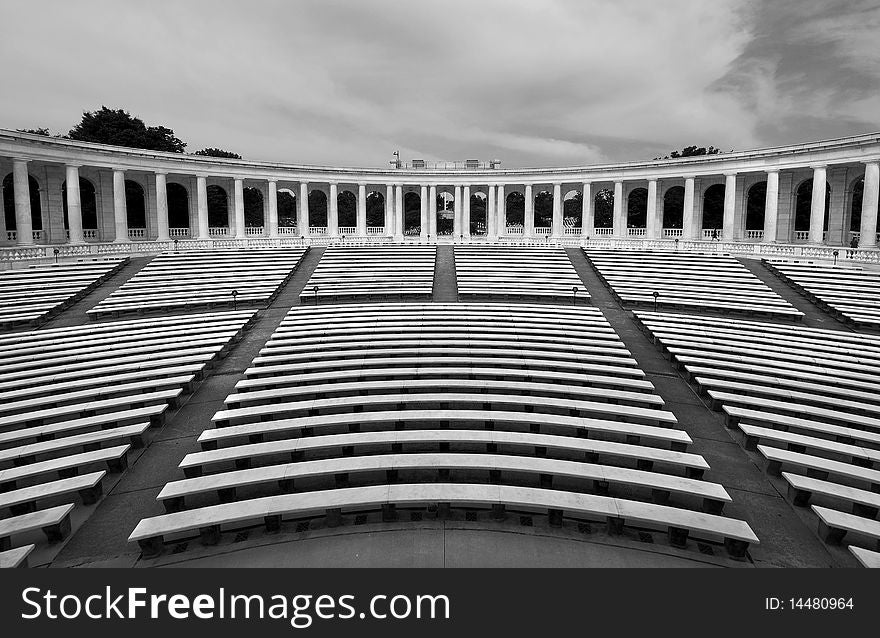 Memorial Amphitheater at Arlington National Cemetery. The Marble columns surround the theater. Used for memorial services to honor the fallen soldiers of the U.S.A. armed forces.