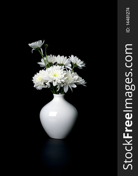 White flowers on white vase on black background. White flowers on white vase on black background