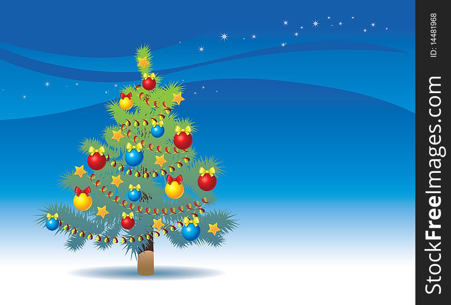 Christmas tree with decoration on the nightsky background. Christmas tree with decoration on the nightsky background